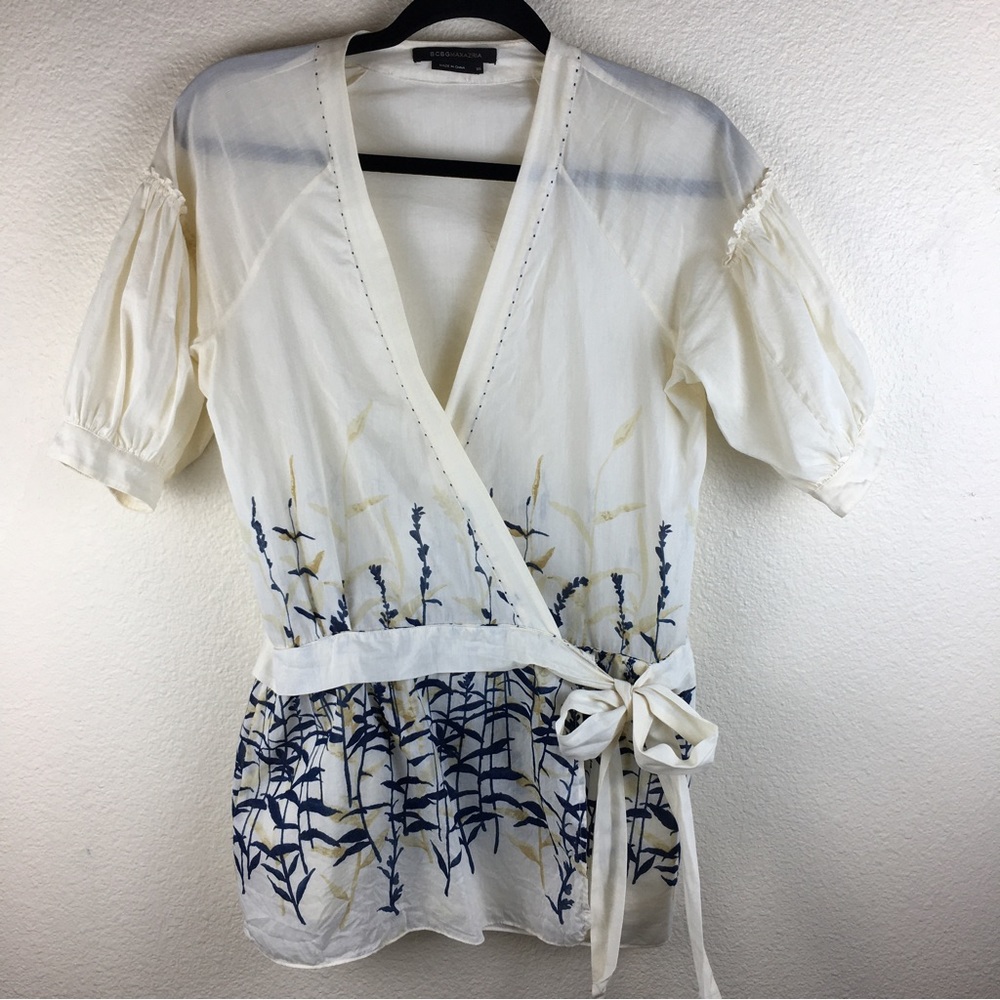 BCBGMaxAzria Women's Silk Blend Wrap Short Sleeve Blouse Beige Floral Print XS